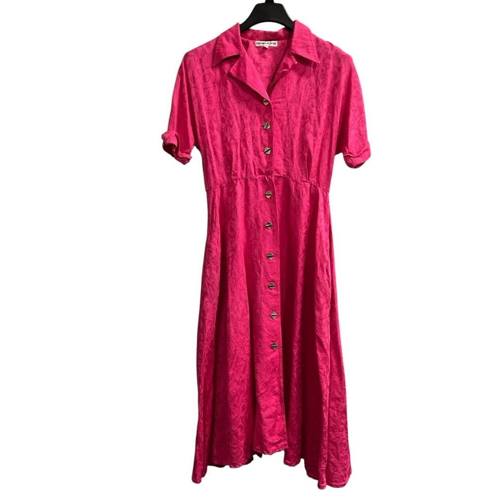 Vintage Branka Klaribe Dress Women 10 PInk Floral Roses Embossed Button Down 60s